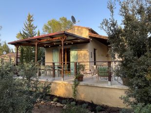 Veranda met de nieuwe kleur van de luiken in het groen van de streek Herault